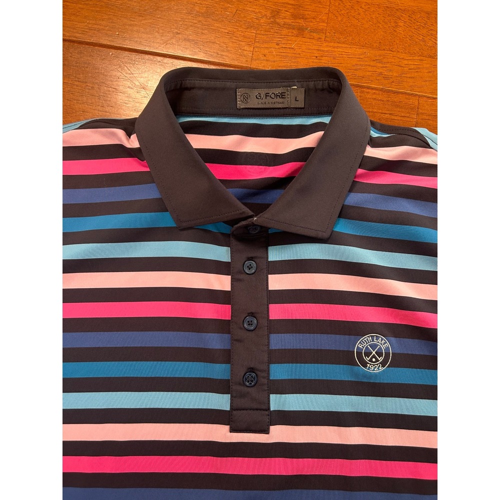 G/FORE Polo Shirt Mens L Blue Pink Striped Ruth Lake 1922 Golf Short Sleeve